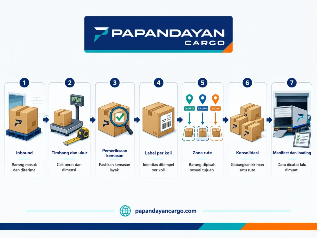 Tahapan operasional Papandayan Cargo mulai dari inbound, timbang dan ukur, pemeriksaan kemasan, label per koli, zona rute, konsolidasi, hingga manifest dan loading