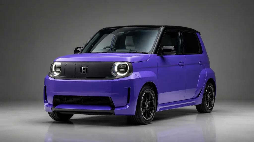 Honda Super-ONE dengan desain mobil listrik kompak berwarna ungu dan tampilan modern di studio otomotif