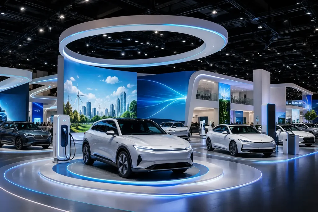 Tampilan kendaraan listrik di area pameran otomotif modern dengan desain futuristik dan stasiun pengisian daya.