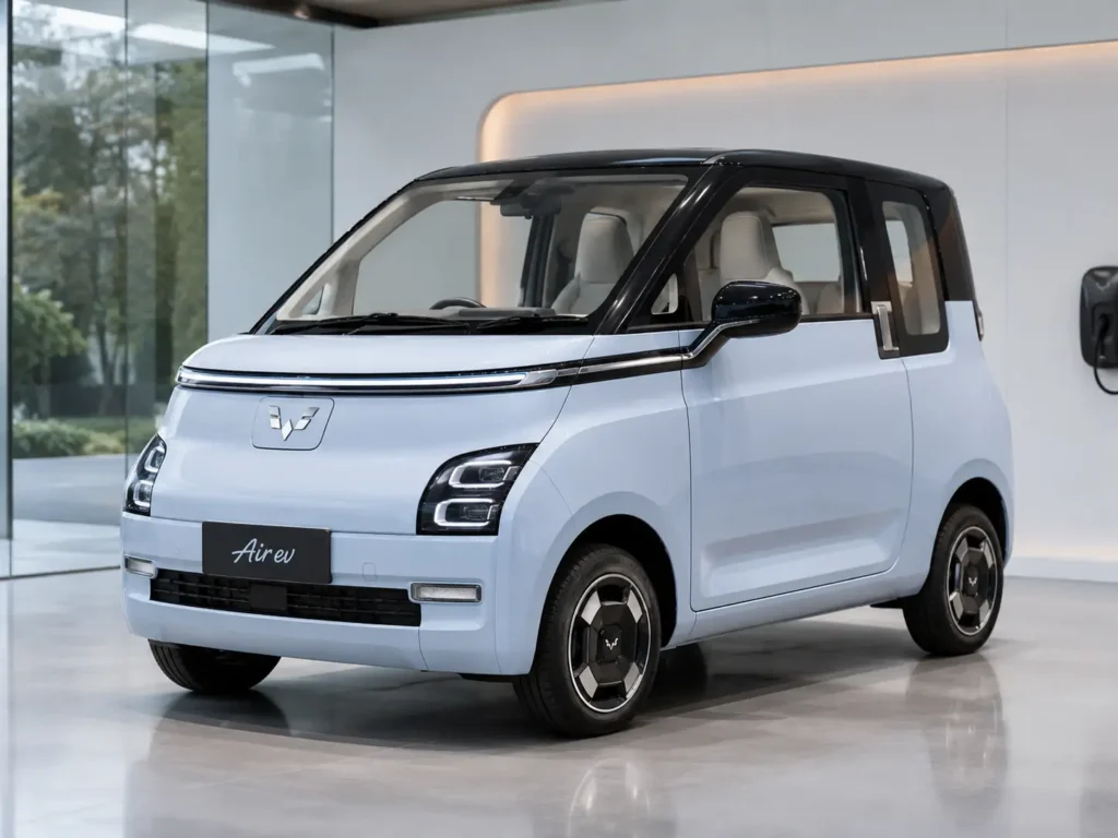 Wuling Air EV sebagai mobil listrik berukuran kompak dengan desain modern dan tampilan interior showroom otomotif