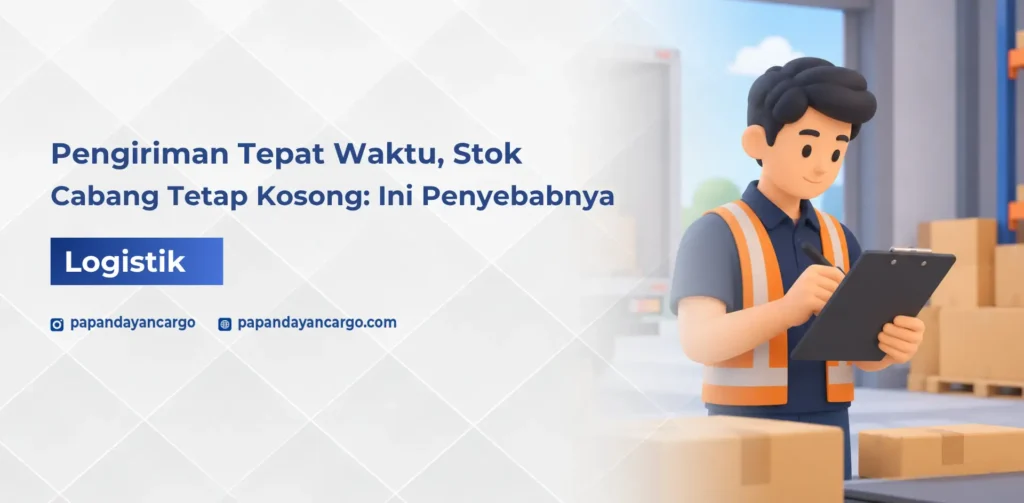Pengiriman tepat waktu stok cabang kosong, ilustrasi 3D staf logistik memeriksa jumlah dan kesiapan barang di gudang distribusi.