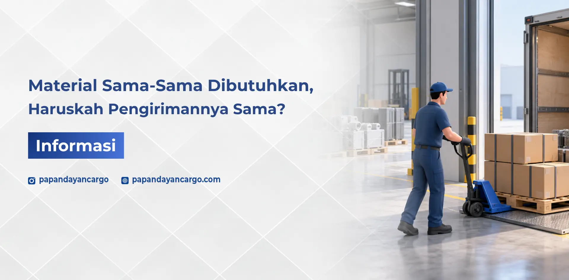 Prioritas pengiriman material produksi dengan proses pemuatan komponen mesin dan barang industri ke truk cargo di gudang.