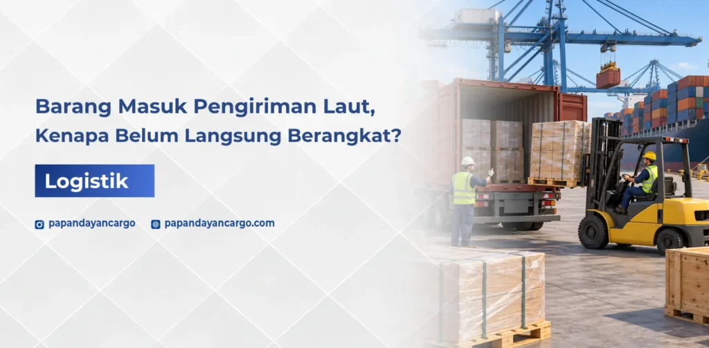 Proses pengiriman laut dengan aktivitas loading barang ke truk di area pelabuhan sebelum keberangkatan.
