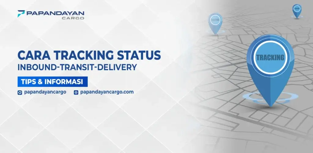 Ilustrasi tracking status pengiriman dengan pin lokasi di peta untuk memantau inbound, transit, dan delivery.