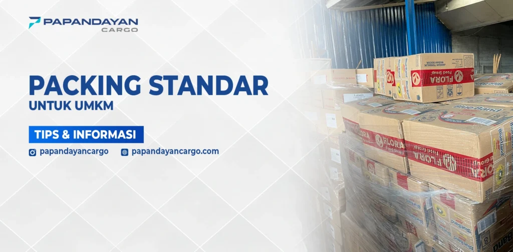 Paket kardus produk UMKM tersusun rapi dan dipacking standar untuk pengiriman cargo.