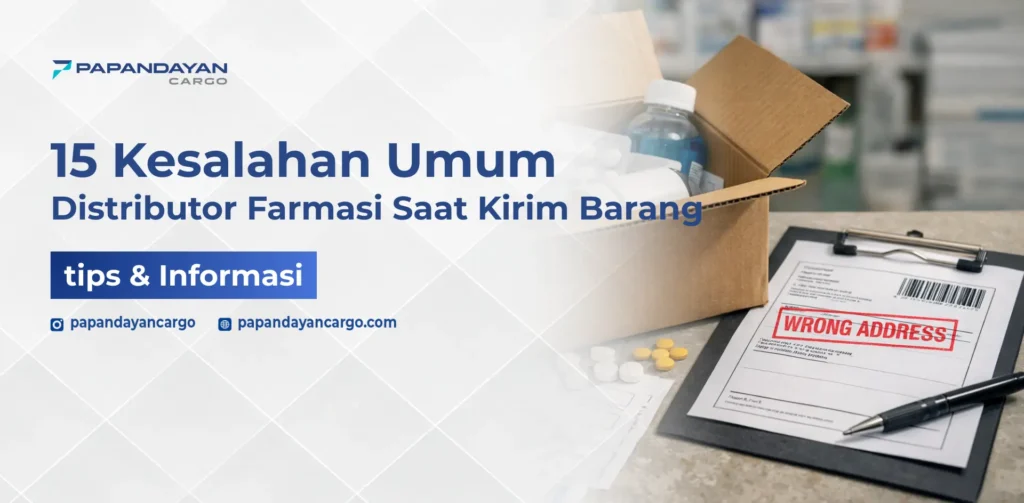 Ilustrasi kesalahan pengiriman farmasi seperti alamat salah, dokumen tidak lengkap, dan penanganan kemasan yang kurang tepat.